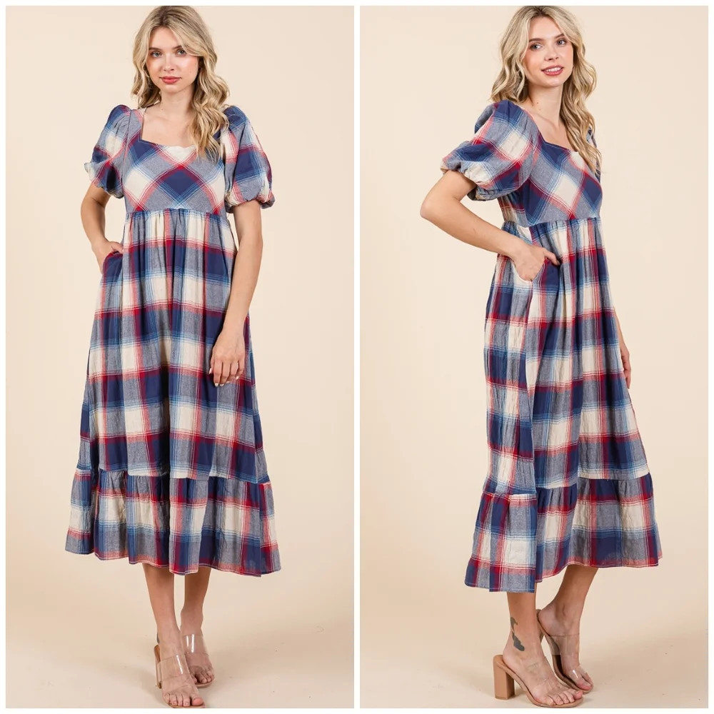 POLAGRAM Plaid Pattern Short Sleeves Midi Dress - Picture 3 of 11